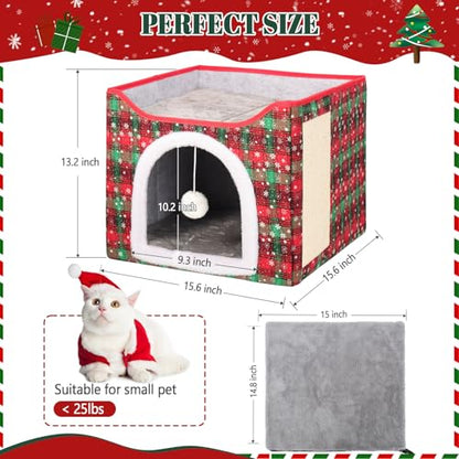 Heated Cat Bed for Indoor Cats, Foldable Cat House with Removable Heating Pad for Cats Small Dog Covered Cat Bed Cave Kitty Hideaway with with Scratch Pad, All Season Use