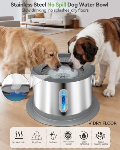 UPSKY 14L No Spill Dog Water Bowl, Stainless Steel Spill Proof Dog Bowl with Water Window, Dual-Suction Anti-Slip Large Capacity Slow Drinking Bowl with Floating Disk for Large Dogs & Messy Drinkers - color: Grey