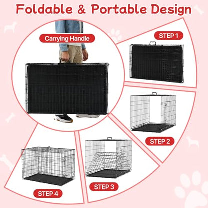 42 Inch Dog Crate Dog Cage with Double Door & Carrying Handle - Large Metal Dog Crates Dog Kennel with ABS Tray for Large Dog, Foldable & Portable Perfect for Indoor & Outdoor, Black ﻿