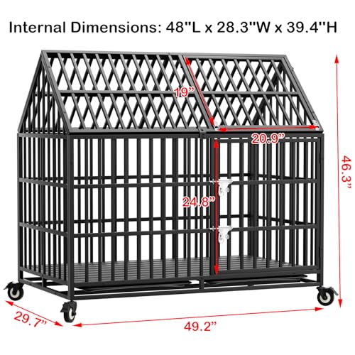 50 inch Heavy Duty Dog Crate with 4 Wheels, Indestructible Escape-Proof Dog Kennel Double Door, High Anxiety Large XXL Cage Indoor with 2 Removable Trays, Max Load Capacity 300lbs - size: 49.2"L x 29.7"W x 46.3"H