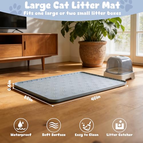 JUJOMAT Cat Litter Box Mat, 40"*28" Large Silicone Cat Litter Trapping Mat Non-Slip Gray Kitty Litter Mat for Indoor Cats, Waterproof Pet Food Mats Easy to Clean & Soft on Kitty Paws - size: 40"L x 28"W
