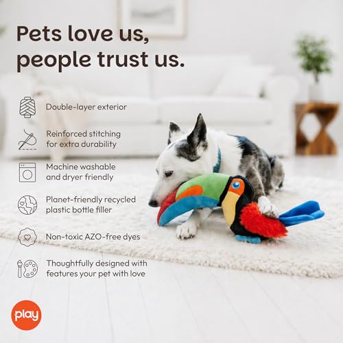P.L.A.Y. Cute Dog Toys - Fetching Flock, Bird Themed Durable Plush Squeaker Chew Toy for Puppies & Small, Medium, Large Dogs - Machine Washable, Recycled Materials (Tito the Toucan)