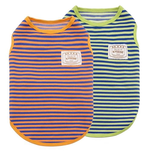 KYEESE 2Pack Dog Shirts Striped for Small Dogs Soft Stretchy T-Shirts Lightweight Tank Top Sleeveless Dog Vest Breathable Cat Shirt, Small, Orange+Green - color: 10# Orange+Green, size: Small (4-7lbs)