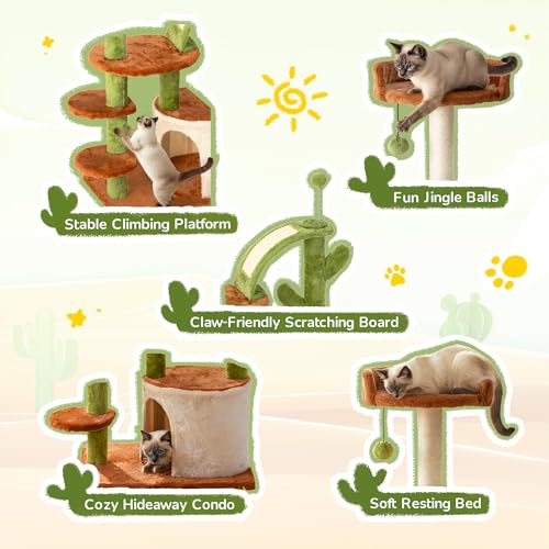 Cactus Cat Tree for Indoor Cats, 36.6" Small Cat Tower with Sisal Scratching Posts, Stable Cat Condo with Perches and Climbing Steps, Brown - color: Brown-1