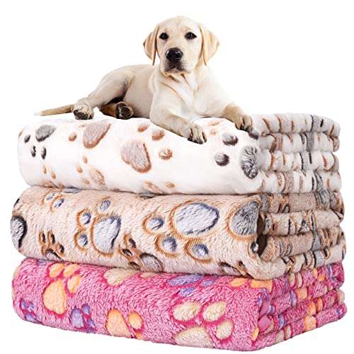 Rezutan Dog Blankets for Large Dogs, Upgraded 3 Pack Dogs Cat Blanket Washable 41" x 31", Soft Pet Throw Cover Suitable for Kennel Crate Bed, Cute Paw Pattern, White/Brown/Pink - color: White/Brown/Pink, size: Large,41x31inch