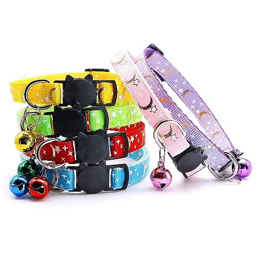 Reflective Cat Collars Breakaway with Bell 2-Pack Girl Boy Pet Kitten Collar with Star Moon Patetrn Adjustable 7.5-12.5 Inch (Yellow) - color: Yellow