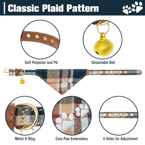 EXPAWLORER Puppy Collar and Leash Set - Plaid Dog Collar and Leash with Bow Tie and Bandana, Bell, Khaki - color: Khaki, size: Small