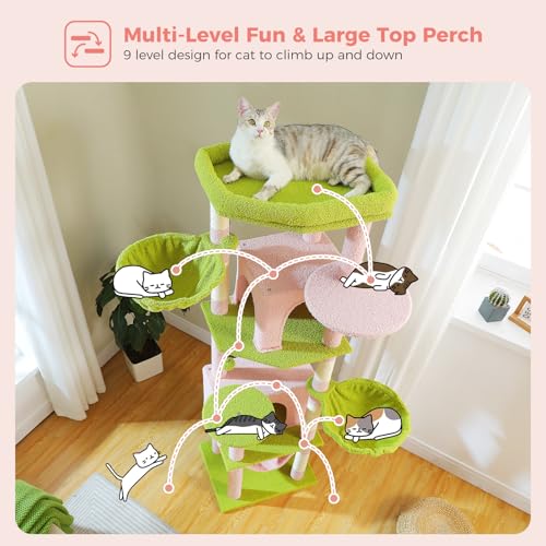 71.2 Inches Flower Tall Cat Tree for Large Cats, Multi-Level Cat Tower with 2 Cozy Condos, Super Large Top Perch, 3 Hammocks, Sisal Scratching Posts and 2 Pompoms, Pink - color: Pink, size: 71.2 Inches