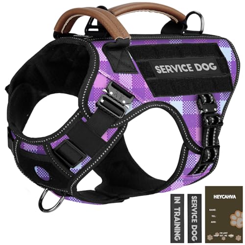 Tactical Dog Harness - HEYCAHVA Service Dog Vest Full Metal Buckles Dog Vest for Medium Large Dog Reflective No Pull Dog Harnesses Vest with Leather Handle, Hook & Loop for Hiking Training (Purple, L) - color: Purple, size: Large