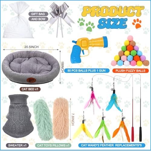 Zopeal 59 Pcs Cat Gift Sets Including Cat Bed Pillows Winter Sweater Interactive Retractable Wand Toy and Feather Toys Launcher Gun with Plush Balls for Pet Lover with Gift Wrapping Bag and Bow