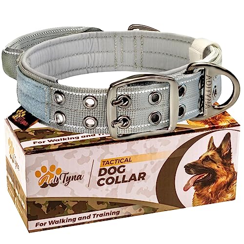 ADITYNA Heavy Duty Dog Collar for Medium Dogs - Reflective Gray Collar with Handle for Training, and Walking - Wide, Thick, Tactical, Soft Neoprene Padded - color: Gray, size: Medium: Fit 15-19" Neck
