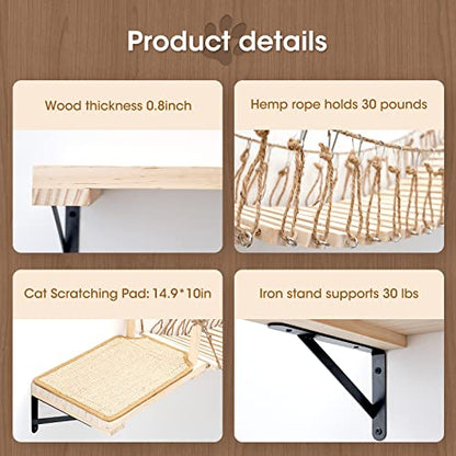 A.FATI Wall-Mounted Cat Roped Bridge Long for Indoor Cats, Cat Wall Shelves for Sleeping, Playing, Climbing, Wooden Cats Bed and Perches with Sisal Scratch Mat