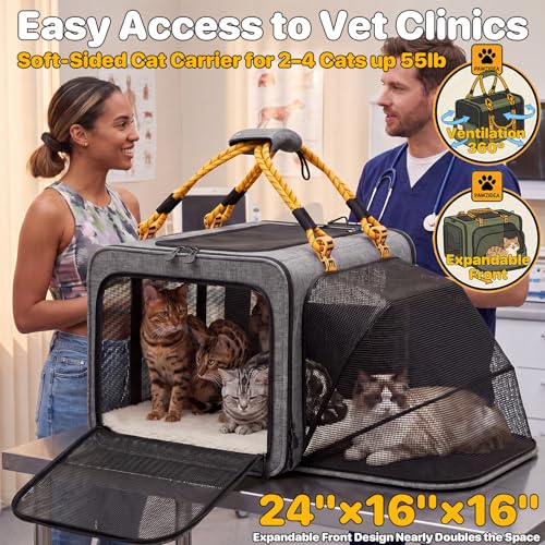 PAWZIDEA Expandable Large Pet Carrier with Wheels, 24x16x16 in Rolling Cat Carrier for 2–4 Cats up 55lb, Soft-Sided Collapsible Small Medium Dog Crate for Car Travel, Telescopic Handle, Storage Pocket - color: Mid-Hemp Gray-Wheels-XL