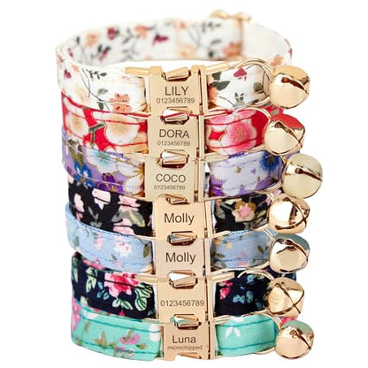 Personalized Cat Collar with Engraved Name and Phone Number - Customizable Kitten Collars for Girls (Floral Collar) - color: Floral Collar