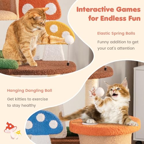Tangkula Mushroom Cat Tree, Multi-Level Cute Cat Tower with Full-Wrapped Sisal Posts, Scratching Boards & Interactive Balls, 2 Cat Condo, Flower Cat Tree Tower for Indoor Cats Large Adult (57.5 Inch) - size: 57.5 Inch