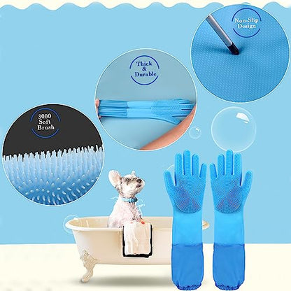 Pet Grooming Gloves Pet Hair Remover Cat, Dog Washing Gloves Silicone Heat Resistant Cleaning Gloves with High-Density Teeth Grooming Gloves for Dogs, Cats, Horses, Rabbits (1 Pair - Blue) - color: 1 Pair - Blue