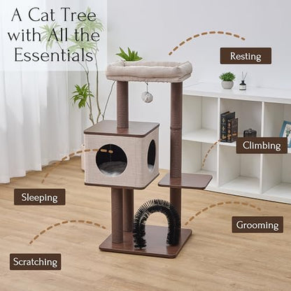 Petpals 4 Level 43" Minimalist Design Cat Tree with Wood Condo,Replaceable Paper Rope Scratching Posts,Full Body Bruch,Removeable and Washabel Bed (Brown and Beige) - color: Brown and Beige