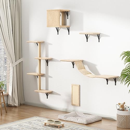 5 Pcs Wall-Mounted Cat Climber Set, Wood Indoor Cat Shelves with Perches, Ladder, Cat Condo House, Scratching Board and Cat Tree, Wall Shelves Furniture (Beige) - color: Beige