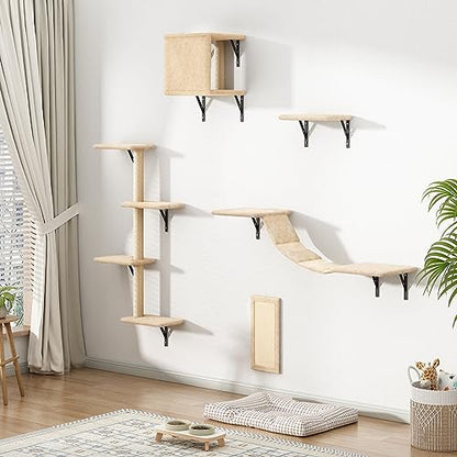 5 Pcs Wall-Mounted Cat Climber Set, Wood Indoor Cat Shelves with Perches, Ladder, Cat Condo House, Scratching Board and Cat Tree, Wall Shelves Furniture (Beige) - color: Beige