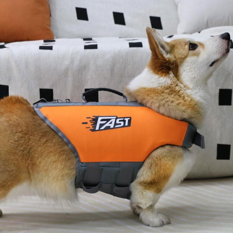 Dog Life Jacket, High Buoyancy Dog Life & Flotation Vest for Swimming and Boating, with Rescue Handle & Adjustable Straps, Gear for Medium Dogs and Pets, Orange