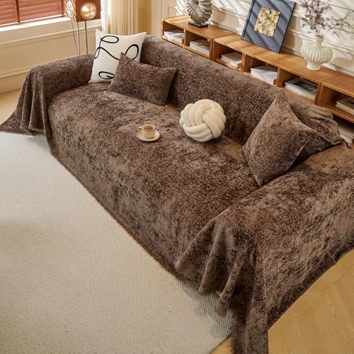 ROOMLIFE Brown Sofa Cover, Vintage Boho Couch Cover for 3 Cushion Sofa, Soft Chenille Sofa Cover for Dog, Washable Furniture Sofa Protector Cover Blanket with Tassel for Living Room, 71 '' X 134'' - color: C#brown, size: X-Large(71''*134'')