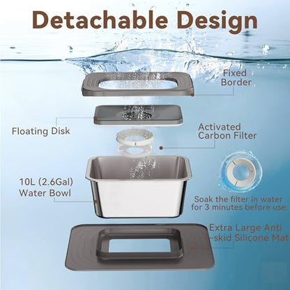 10L No Spill Dog Water Bowl, 2.6 Gal Stainless Steel No Splash Large Dog Water Bowl with Non-Slip Silicone Mat, Spill Proof Slow Drinking Pet Bowls for Messy Drinkers Indoor/Outdoor Use Gray - color: Grey