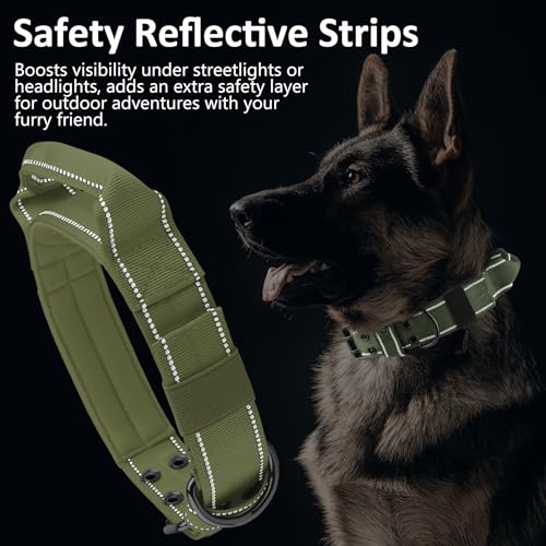 Tactical Dog Collar with Control Handle, Military Adjustable Pet Collar Reflective Heavy Metal Buckle Dog Collar, Soft Nylon Training Collar for Medium Large Dogs (Green, Medium) - color: Green, size: Medium