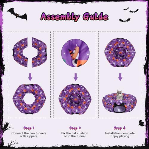 Tidjani Cat Tunnel Bed, Cat Tunnels for Indoor Cats, Foldable Pet Donut Bed with Washable Mat and Dangling Balls, Pumpkins Spider Candy Pattern, Purple Pet Tube Toys Gifts for Kitten, Puppy, Rabbit - style: Purple Pumpkin