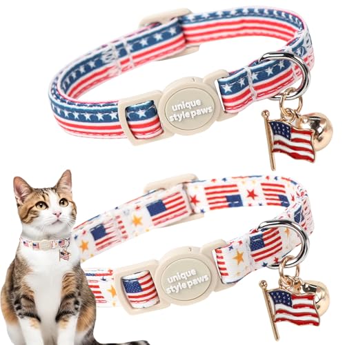 Unique style paws 2 Pack Independence Kitten Collar Breakaway with Bell&Pendant, Adjustable Safety Striped Star Flag Cat Cotton Collar for Girl Boy Cat and Small Pet - color: Striped Star Flag