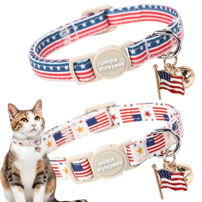 Unique style paws 2 Pack Independence Kitten Collar Breakaway with Bell&Pendant, Adjustable Safety Striped Star Flag Cat Cotton Collar for Girl Boy Cat and Small Pet - color: Striped Star Flag