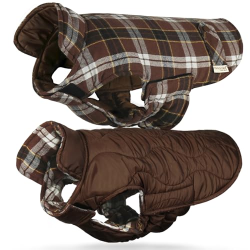VIVAGLORY Softjoy Dog Coat, Dog Jacket for Winter & Christmas, Coat with Harness Hole, Reversible Plaid Checkered Warm Fluffy Heavy Duty for Puppy, S, Coffee - color: Coffee (Reversible Design), size: S: 18-24in (Chest Girth)