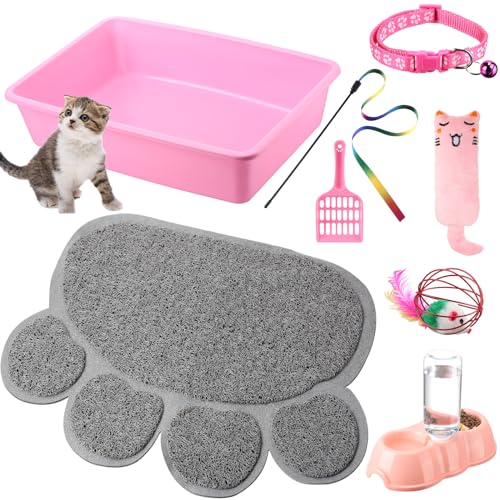 7 Pcs Small Cat Kitten Starter Kit - Litter Box, Paw Mat, Double Bowls, Toy Teaser Stick, Collar - Essentials Kit for 1-3 Lbs Beginner (Pink)