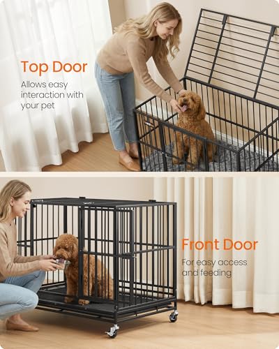 Feandrea Heavy-Duty Dog Crate, 5-Minute Quick Assembly, Foldable Dog Kennel Cage with Lockable Wheels, Double Doors, Escape Proof Fixed Bottom, Removable Tray, Easy to Clean, Ink Black, 37 Inch - size: 37.0"L x 24.0"W x 28.0"H