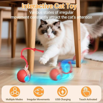 Interactive Cat Toys for Indoor Cats, USB Rechargeable Self-Moving Ball with Tail, Automatic Rolling Ball with 3 Modes, Touch Activated,