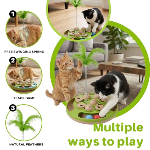 Walfront Interactive Cat Toy for Indoor Cats, Feather Spring Cat Toy with Rolling Balls, Tree Shape Puzzle Track Toy for Kittens, Self Play Cat Activity Center, Boredom Relief Hunting Exercise Toy