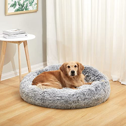 Bedfolks Calming Donut Dog Bed, 36 Inches Round Fluffy for Large Dogs, Anti-Anxiety Plush, Machine Washable (Dark Grey, Large) - color: Dark Grey, size: 36.0"L x 36.0"W x 8.0"Th