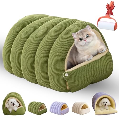 Removable and Washable Winter Closed-Off Cat Bed, Soft Cotton Cozy Cat Cave House, Foldable Warm Plush Pet Nest, Comfortable Secure Snuggle Hut for Indoor Cats (Green, 8.8lbs cat, 5.5lbs Dog) - color: Green, size: 8.8lbs cat, 5.5lbs dog