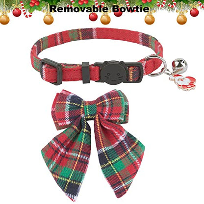 ADOGGYGO Christmas Cat Collars Breakaway with Removable Bow Tie, 2 Pack Red Green Plaid Christmas Collar for Cats Kittens - color: Christmas-2