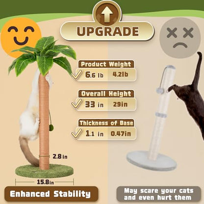 Meowoou Cat Scratching Post 33 Inch Tall Cat Scratcher for Indoor Cats Adults,Small Cat Tree Tower Sisal Rope Kitten Scratch with Interactive Hanging Ball - size: 33 in Green