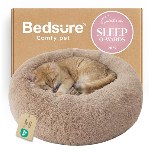 Bedsure Calming Cat Beds for Indoor Cats - Small Cat Bed Washable 20 inches, Anti-Slip Round Fluffy Plush Faux Fur Pet Bed, Fits up to 15 lbs Pets, Camel - color: Camel, size: 20"L x 20"W x 6"Th