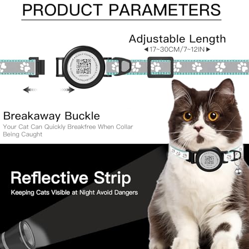 Waterproof Cat Collar with QR TAG & Reflective, Footprints Pattern, Lightweight Kitten Collar for Apple Tag, Hidden GPS Tracker Holder for Cats, Kittens (Teal) (7-12")