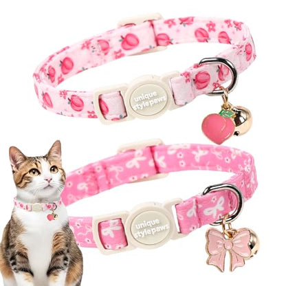 Unique style paws 2 Pack Valentine Kitten Collar Breakaway with Bell&Pendant, Adjustable Safety Spring Summer Peach Flower Pink Bow Cat Cotton Collar for Girl Boy Cat and Small Pet - color: Peach Flower Bow