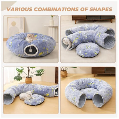 Under Christmas Tree Large Cat Tunnels Bed Tube for Indoor Cats Glows in The Dark Cat Tunnel with Cushion and Plush Ball Toy Toys for Dog Puppy Kitten Rabbit Bunnies Ferret Pet Blue - color: Blue Bed