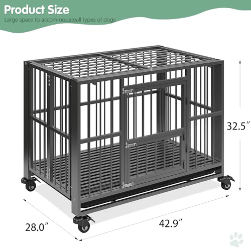 Heavy Duty Dog Crate, Indestructible Large Dog Crate with Escape Proof, High Anxiety Dog Kennel Indoor with Lockable Wheels. (43in) - size: 43in