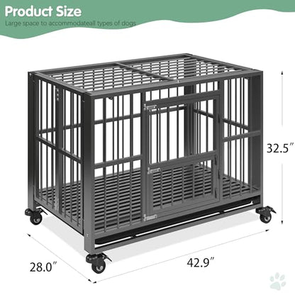Heavy Duty Dog Crate, Indestructible Large Dog Crate with Escape Proof, High Anxiety Dog Kennel Indoor with Lockable Wheels. (43in) - size: 43in
