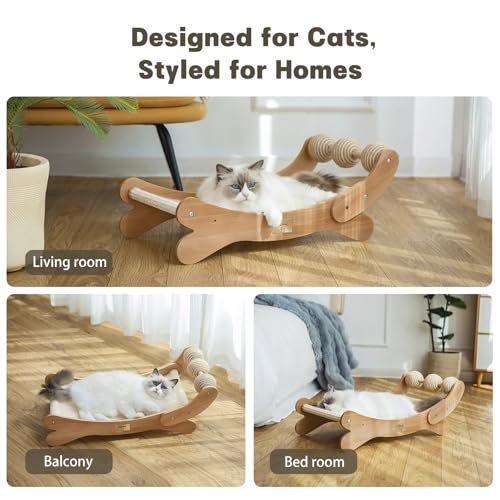 Cat Scratcher with Sisal Ball, Durable Cat Beds with Hammock for Indoor Cats, 3 in 1 Modern Cat Scratch Pad Lounger & Sleep & Scratch, Furniture Protector, Sisal Mat & 3 Play Balls - size: Large