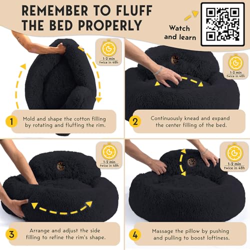 PetJett Calming Dog Bed Medium Size Dog - 30'' Donut Bed, Anti-Slip & Washable Super Soft Fluffy Plush Round Bed, Anti-Anxiety Premium Comfort Pet Bed, Fits Dogs up to 45 lbs - Black - color: Black, size: Medium - 30”L x 30”W x 8”Th