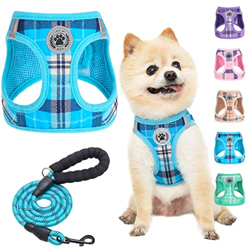 BEAUTYZOO Small Dog Harness and Leash Set,Step in No Choke No Pull Soft Mesh Dog Harnesses Reflective for Extra-Small/Small Medium Puppy Dogs and Cats, Plaid Dog Vest Harness for XS S Pets, Blue XXS - color: Blue, size: XX-Small(Chest Girth 11.5"-13")