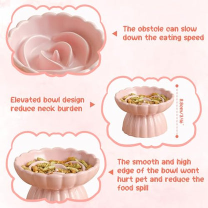 Ceramic Slow Feeder Cat Bowl 5.5inch with Lick Mat,Elevated Food Bowl for Cats and Small Dogs,Cute Flower Shape for Dry and Wet Food-Pink Bowl +Pink Lick Mat - color: Pink Bowl+ Pink Lick Mat