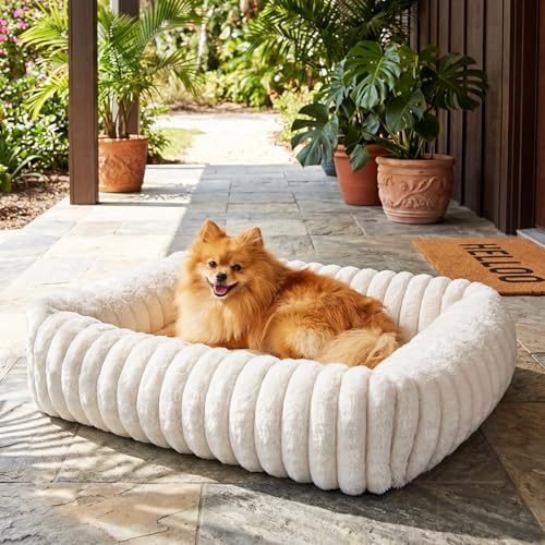 Cat Beds for Indoor Cats, Square Self Warming Cat Bed Orthopedic Pet Bed with Pillow Super Soft Rabbit Fur Small Dog Beds, Calming Plush Kitten Bed with Removable Washable Cover & Anti-Slip Bottom - size: 22*18*6 inces